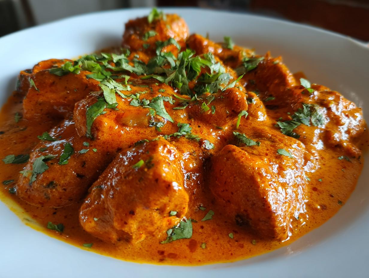 Nahaufnahme von saftigen Hähnchenstücken in einer cremigen, orangefarbenen Sauce, garniert mit frischem Koriander: Butterhähnchen Texas Style Pfanne.