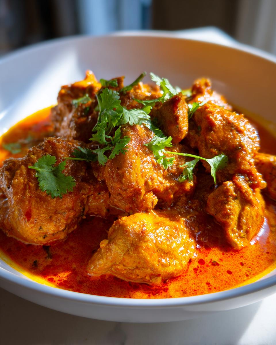 Nahaufnahme des würzigen Butterhähnchen Texas Style Pfanne in einer weißen Schüssel, garniert mit frischem Koriander.