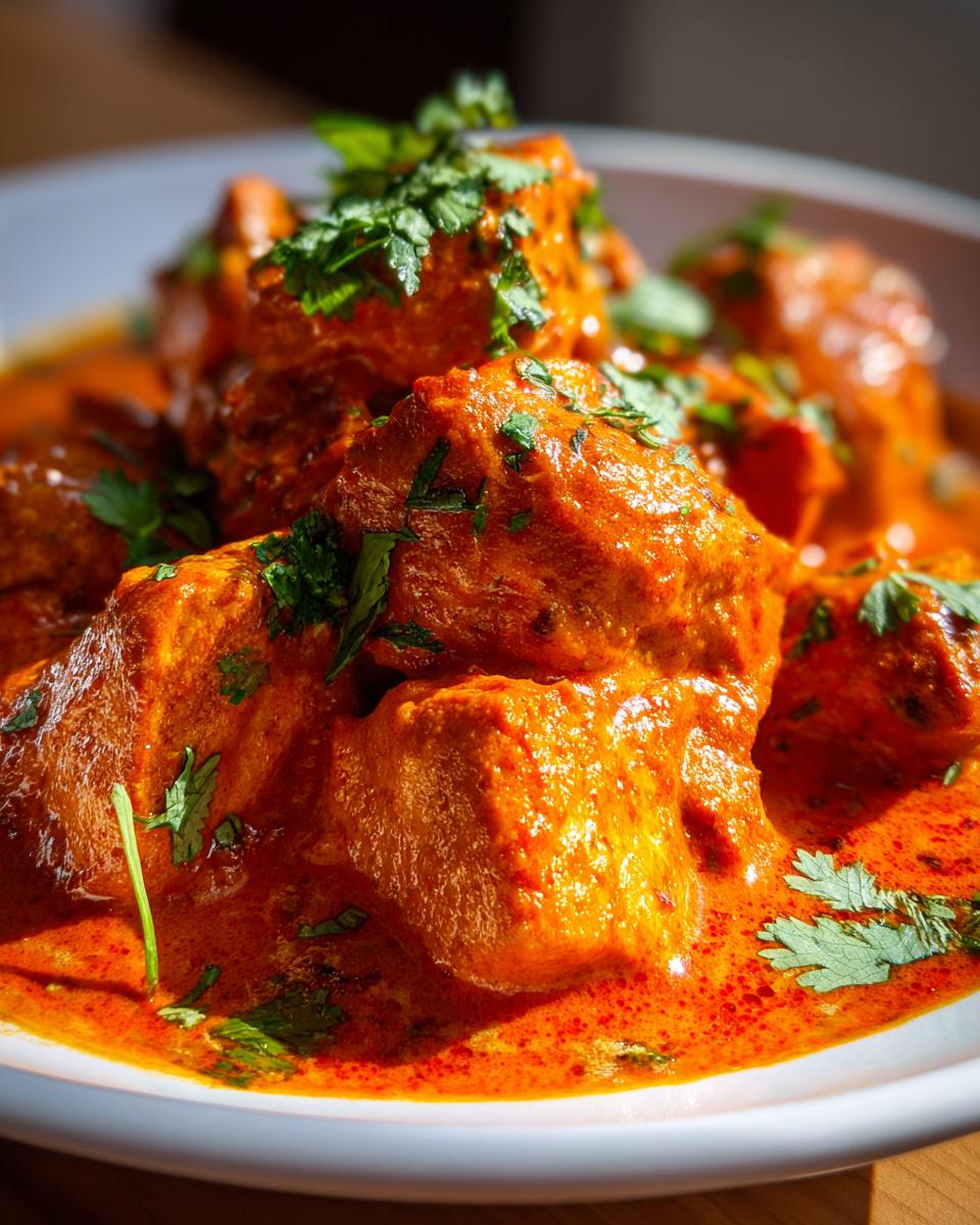 Nahaufnahme von saftigen Hähnchenstücken in einer leuchtend orangefarbenen Sauce, garniert mit frischem Koriander: Butterhähnchen Texas Style Pfanne.