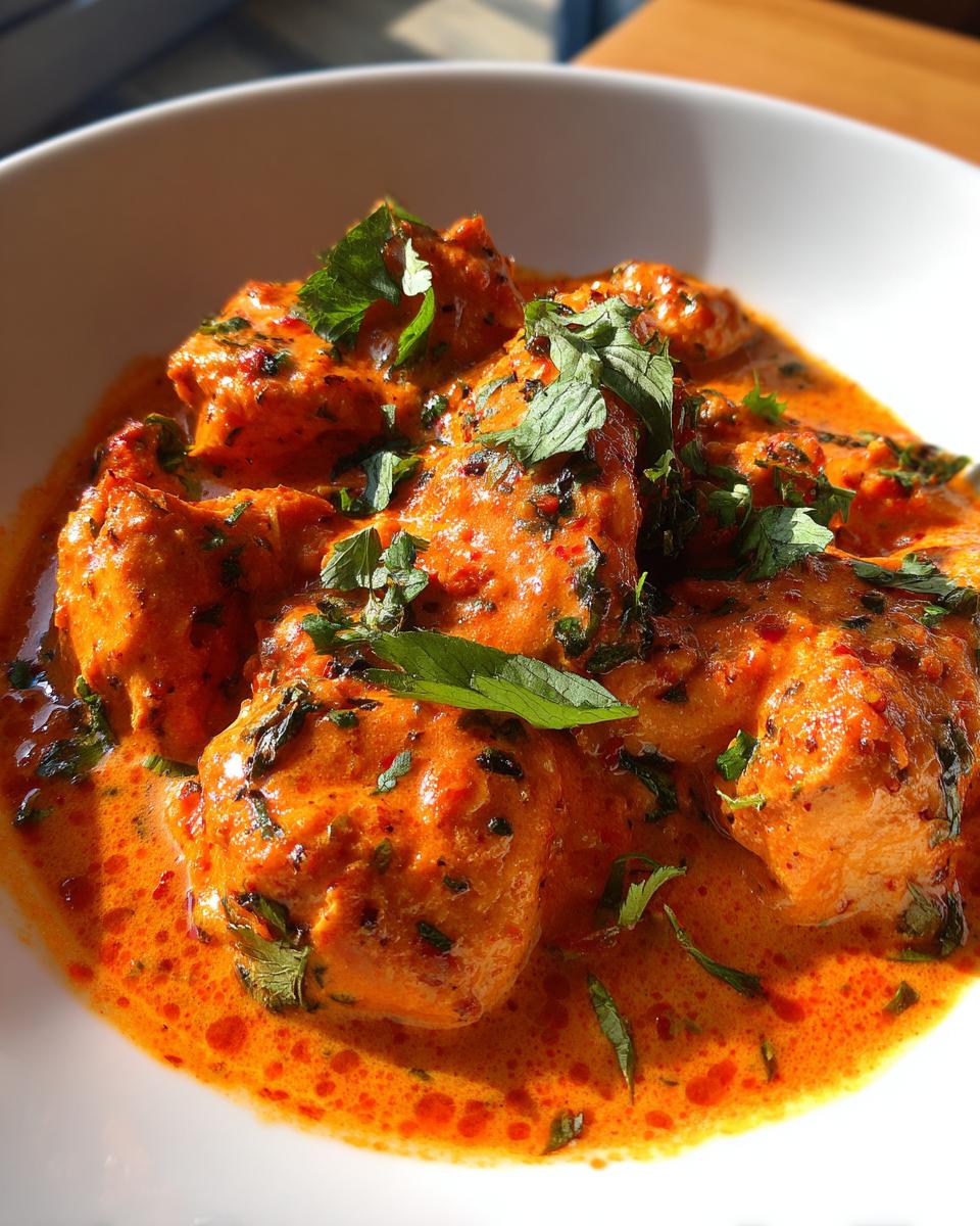 Nahaufnahme von saftigen Hähnchenstücken in einer leuchtend orangefarbenen, cremigen Sauce, garniert mit frischen Kräutern: Butterhähnchen Texas Style Pfanne.