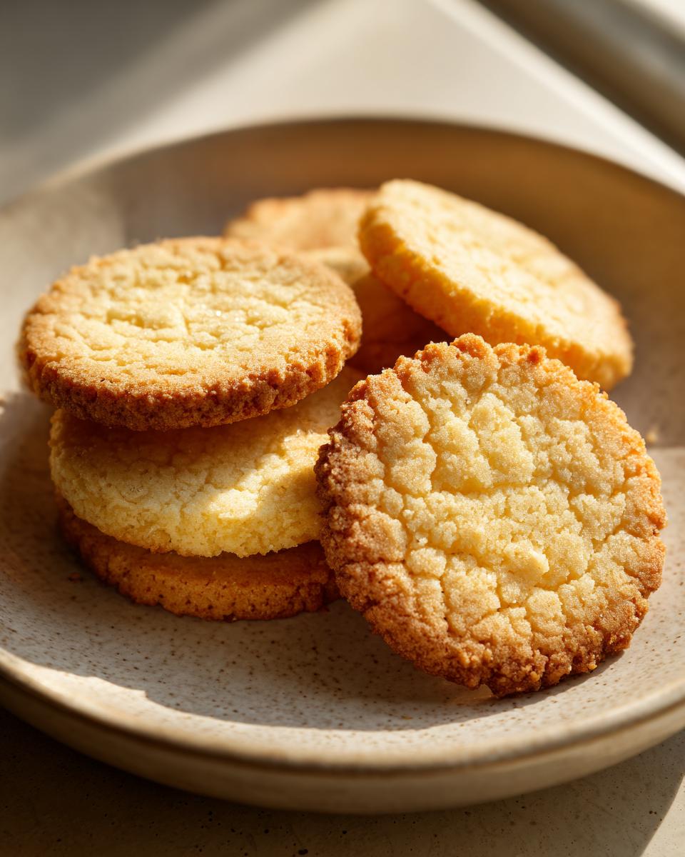 Stapel von goldbraunen, mürben Butterplätzchen auf einem rustikalen Teller, im warmen Sonnenlicht.