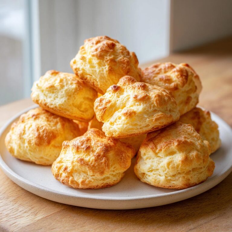 Ein Stapel goldbrauner, luftiger Butterwölkchen auf einem hellen Teller.