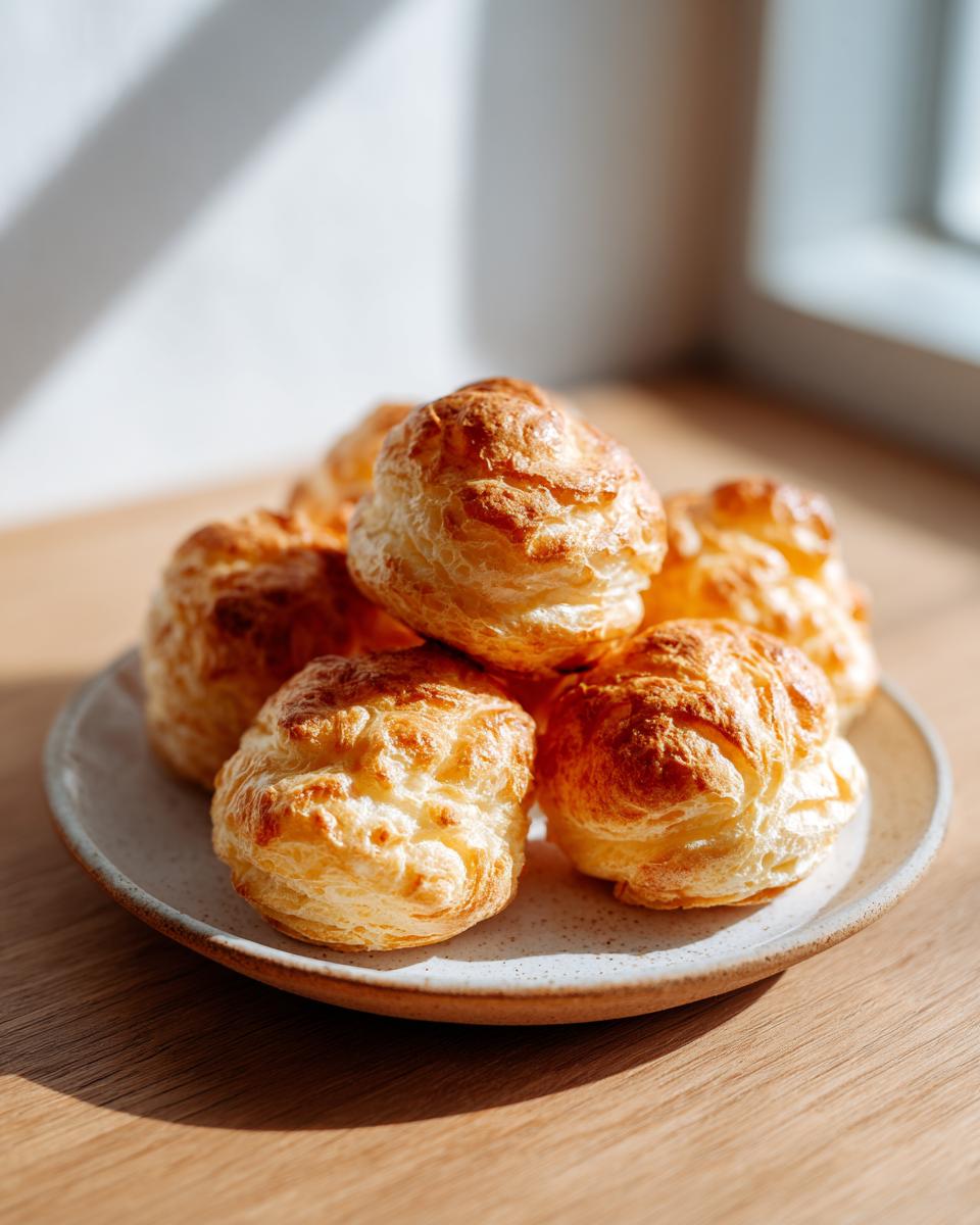 Ein Stapel goldbrauner, luftiger Butterwölkchen auf einem hellen Keramikteller, beleuchtet durch helles Sonnenlicht.