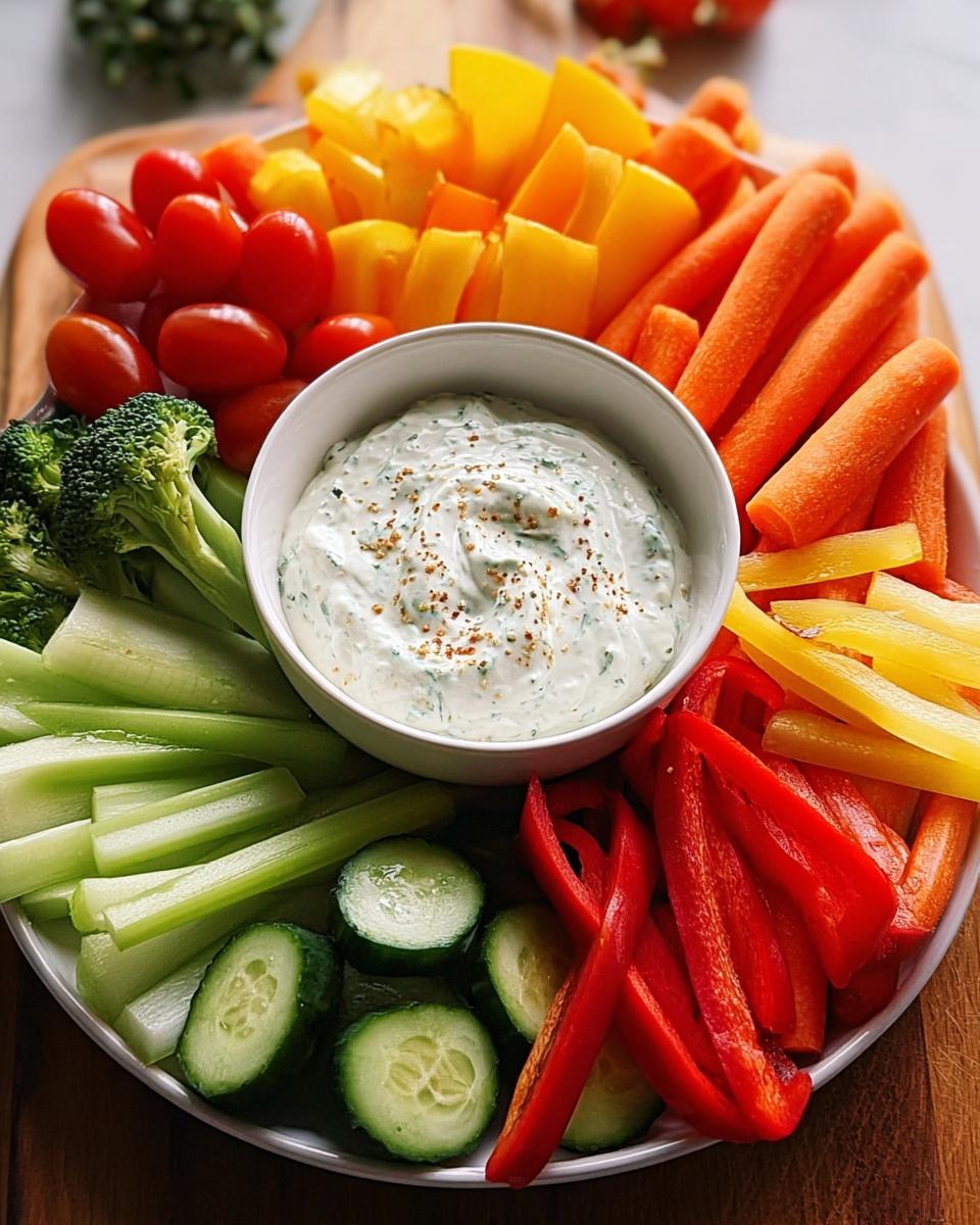 Ein farbenfrohes Car Veggie Tray mit Karotten, Paprika, Sellerie, Gurken, Tomaten und einem cremigen Kräuterdip in der Mitte.