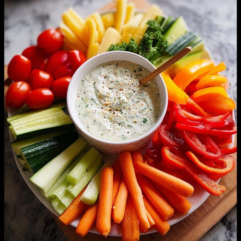 Ein buntes Car Veggie Tray mit Karotten, Gurken, Paprika und Kirschtomaten um eine Schale Kräuterquark-Dip.