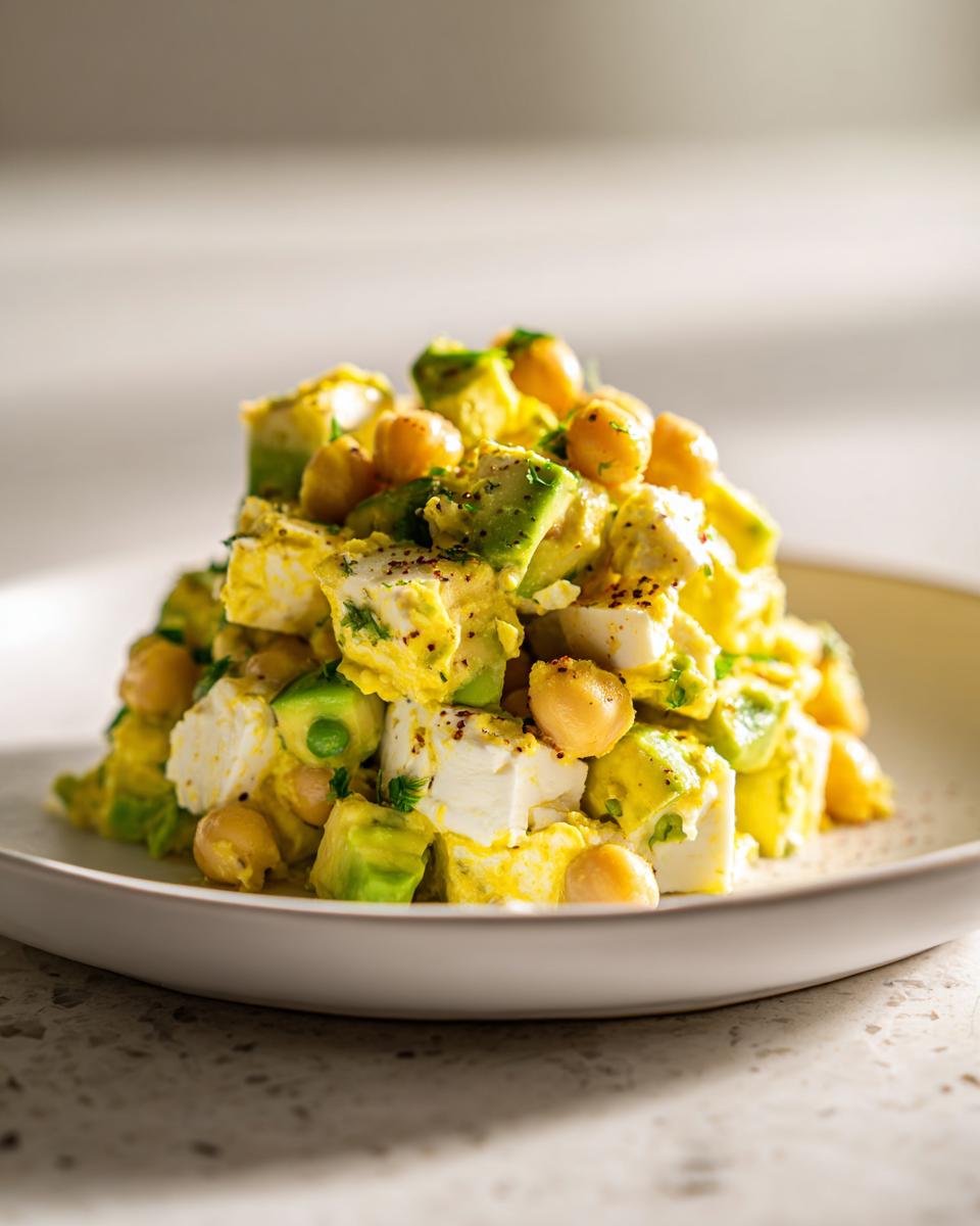 Nahaufnahme des fertigen Chickpea Feta Avocado Salad mit gewürfeltem Avocado, Feta und Kichererbsen auf einem Teller.