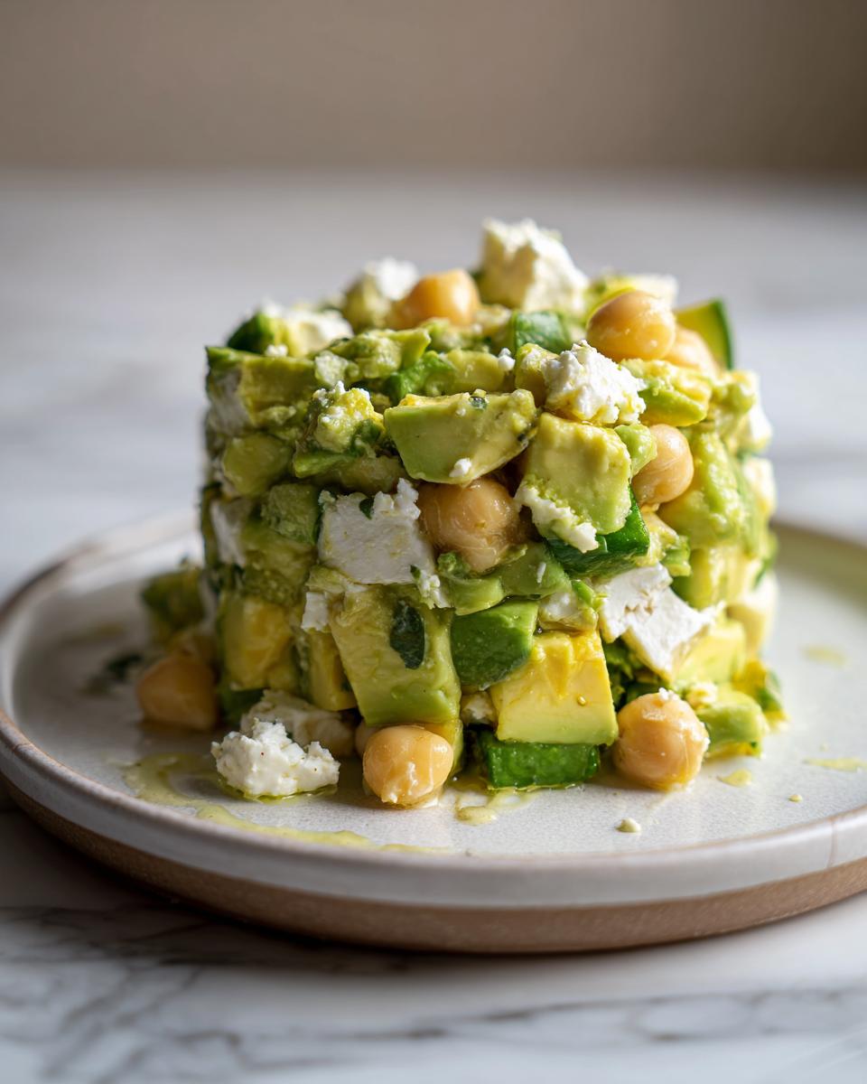 Ein hoch aufgetürmter Chickpea Feta Avocado Salad mit gewürfeltem Avocado, Kichererbsen und Feta auf einem Teller.
