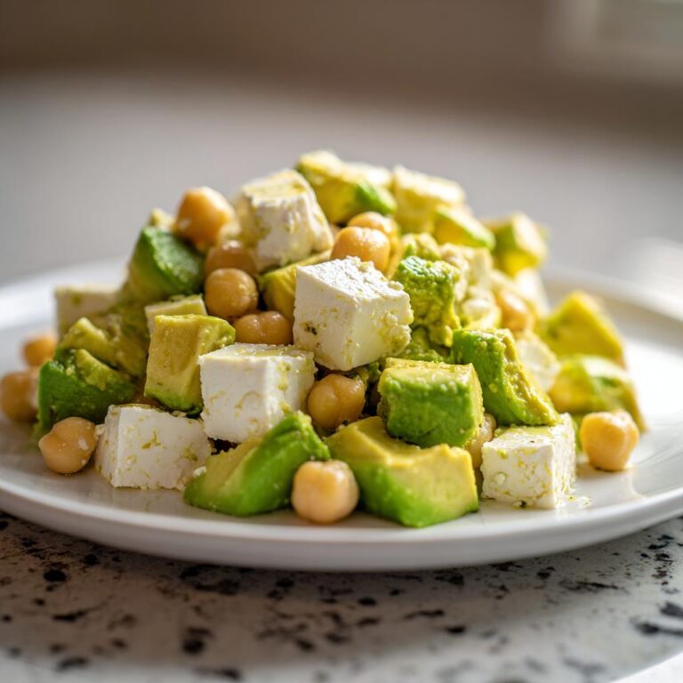 Nahaufnahme eines bunten Chickpea Feta Avocado Salad mit gewürfeltem Avocado, Feta und Kichererbsen auf einem weißen Teller.