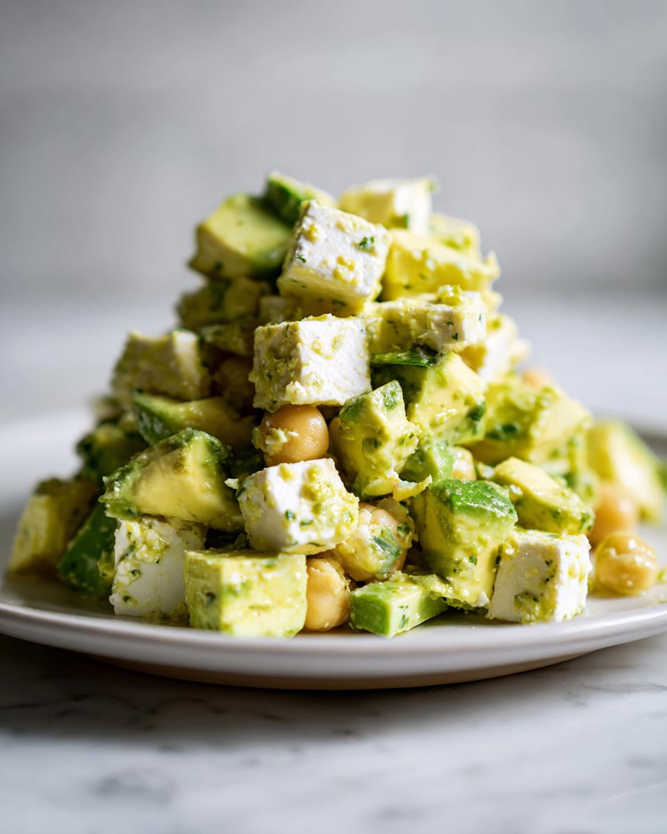 Nahaufnahme eines gestapelten Chickpea Feta Avocado Salad mit Würfeln aus Avocado, Feta und Kichererbsen.