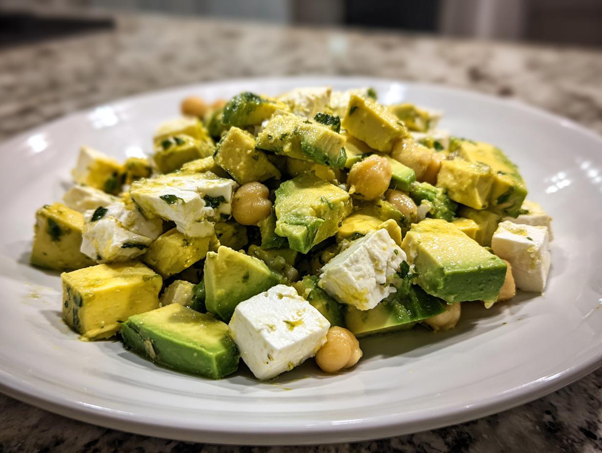 Nahaufnahme eines bunten Chickpea Feta Avocado Salats mit gewürfelten Avocados, Feta und Kichererbsen auf einem weißen Teller.