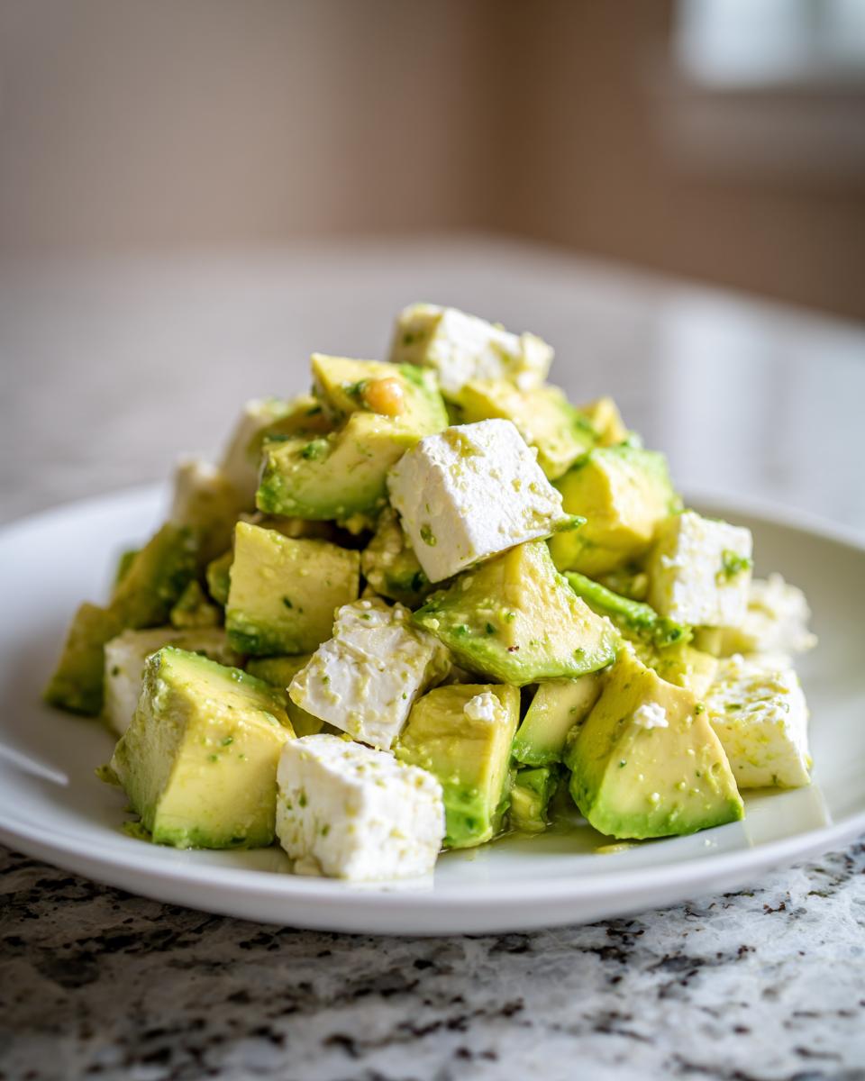 Nahaufnahme eines Haufens gewürfelter Avocado und Feta-Käse, Teil des Chickpea Feta Avocado Salats.