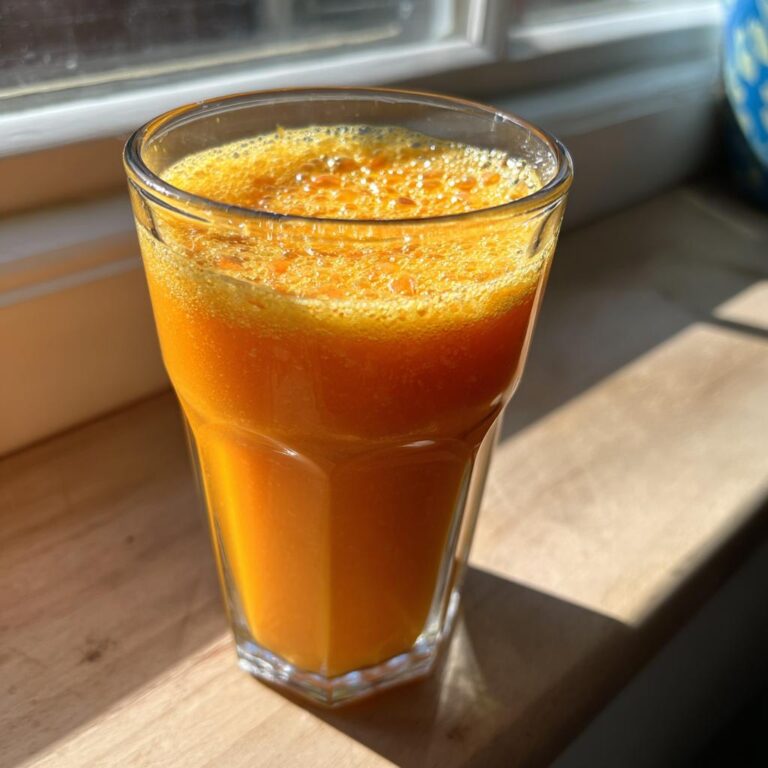 Ein Glas leuchtend orangefarbener Cholesterin-Killer-Saft mit Schaumkrone, beleuchtet von Sonnenlicht.