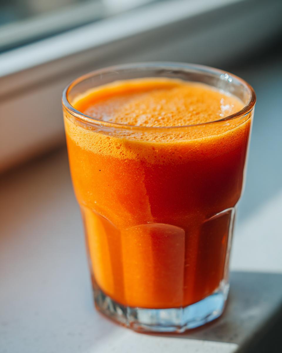Nahaufnahme eines frisch gepressten, leuchtend orangefarbenen Cholesterin-Killer-Saft im Glas.