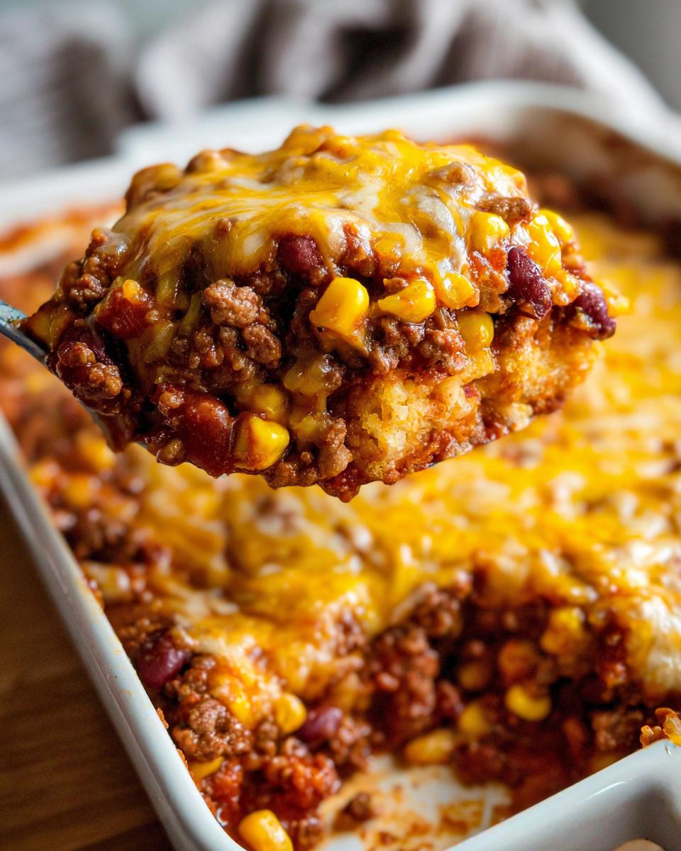 Ein Löffel voll geschmolzenem Käse, Hackfleisch, Mais und Bohnen aus dem Cowboy-Auflauf Rezept.