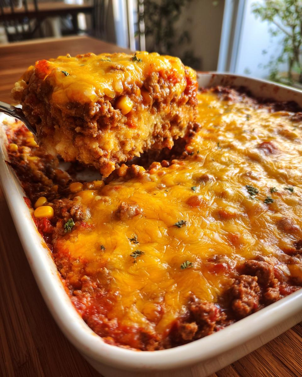 Ein Löffel hebt eine Portion des reichhaltigen Cowboy-Auflauf Rezept mit geschmolzenem Käse hervor.