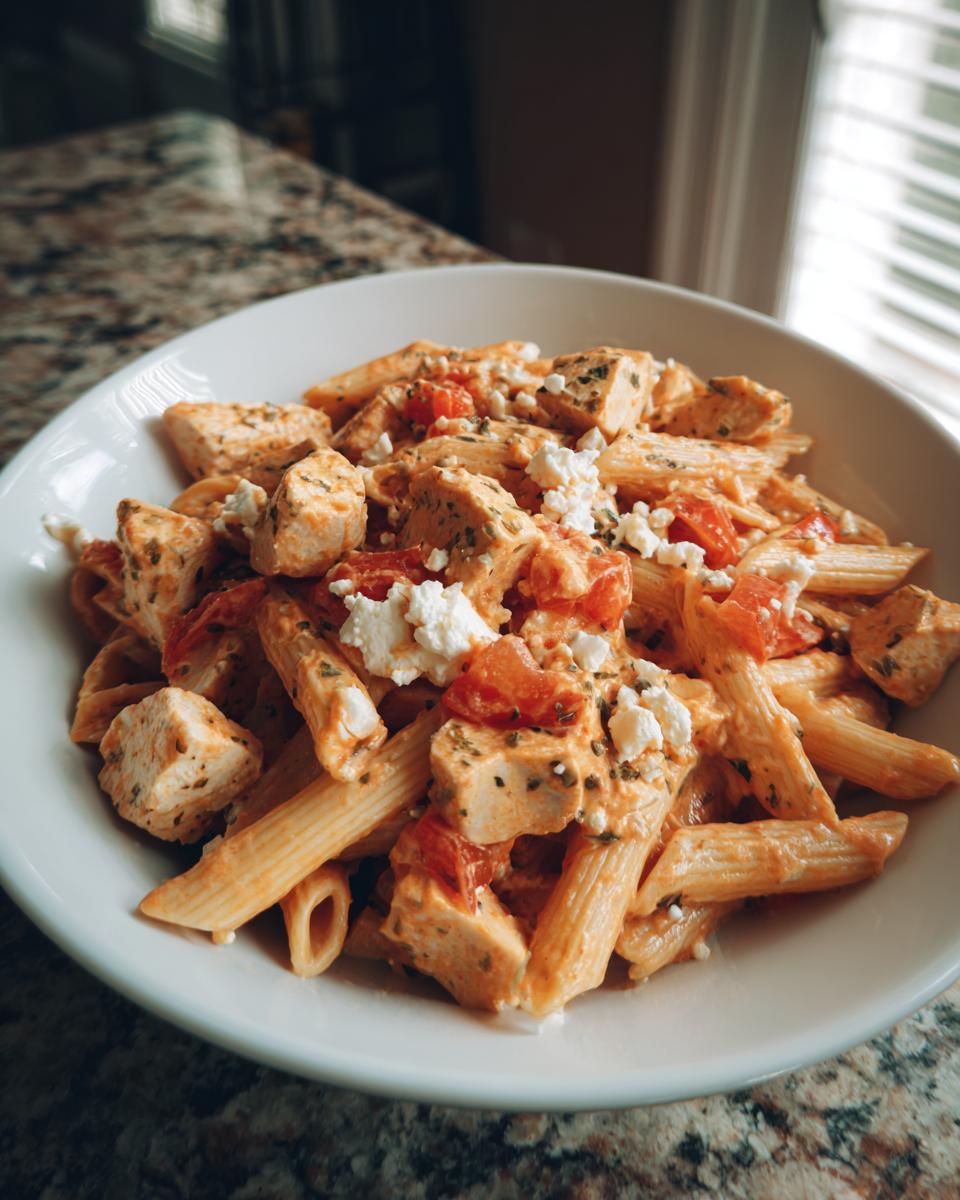 Nahaufnahme einer Portion Creamy Chicken Feta Pasta mit Penne, Hähnchenwürfeln und zerbröseltem Feta in einer weißen Schüssel.