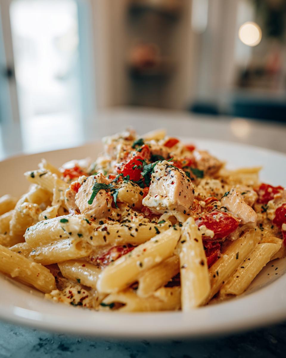 Nahaufnahme von Penne Pasta mit Hähnchenstücken, Tomaten und cremiger Soße, garniert mit Kräutern für das Creamy Chicken Feta Pasta.