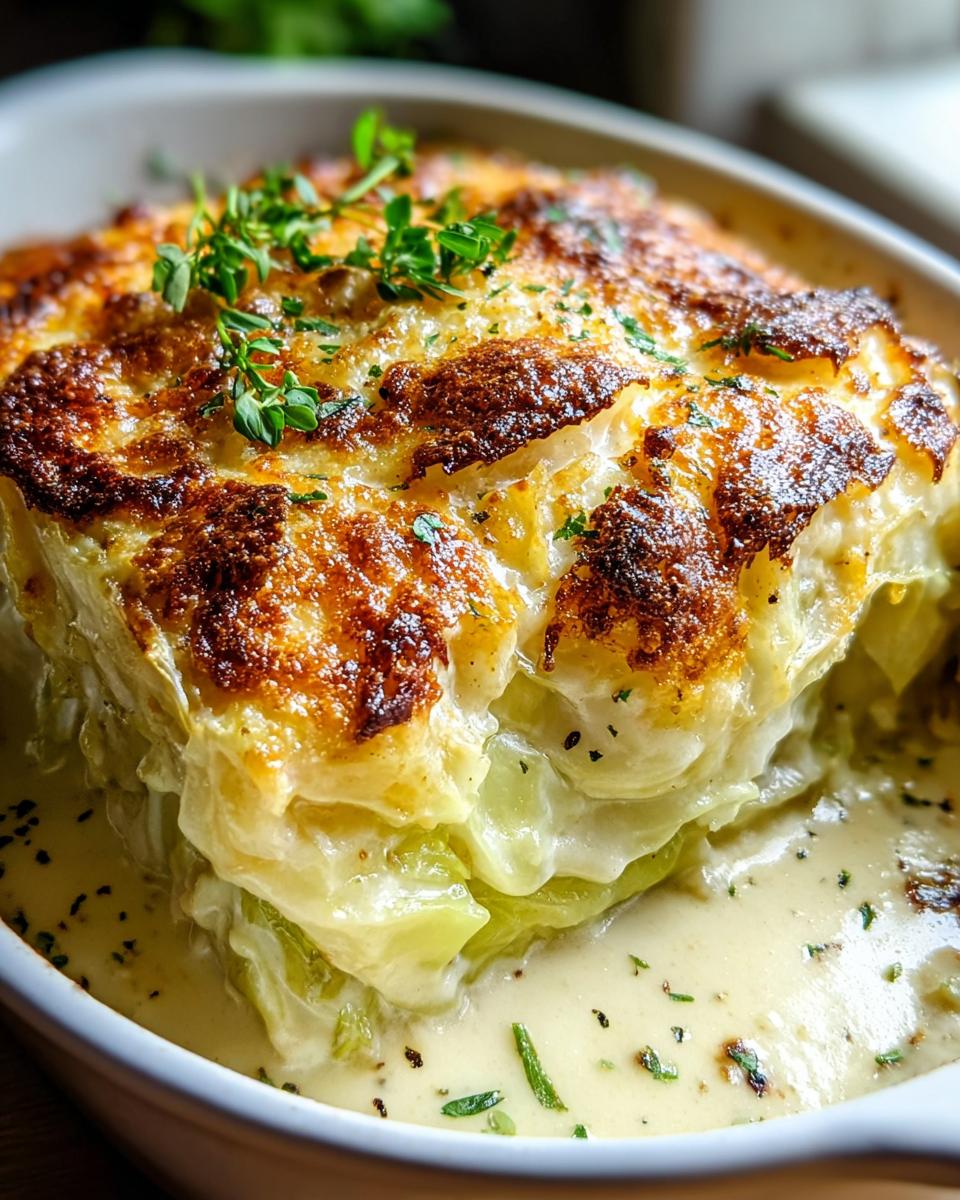 Nahaufnahme von Cremig überbackener Spitzkohl mit einer goldbraunen Käsekruste und frischen Kräutern.