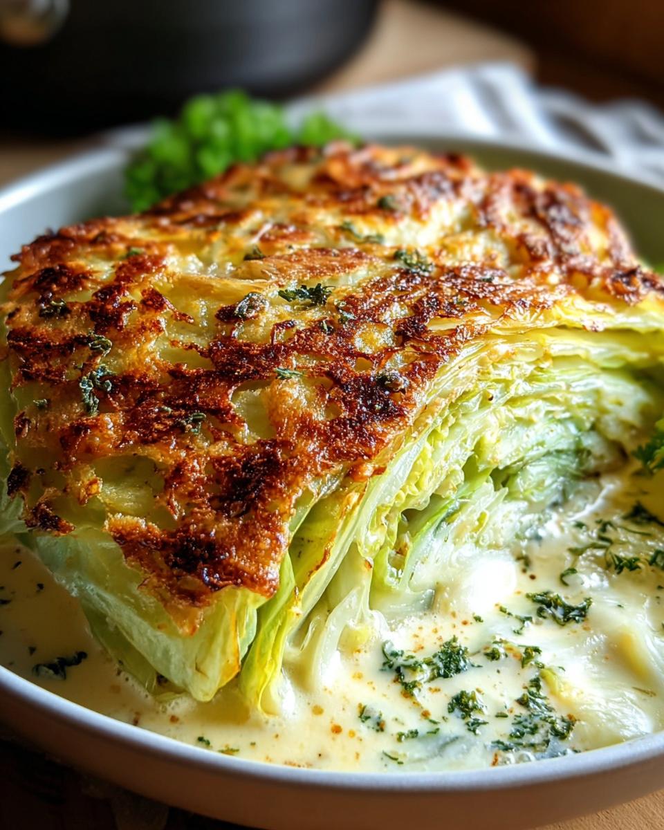 Ein Stück Cremig überbackener Spitzkohl mit einer goldbraunen Café de Paris Kruste in cremiger Sauce.