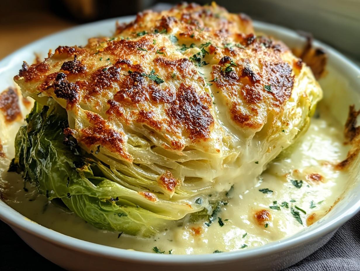 Nahaufnahme von Cremig überbackener Spitzkohl mit goldbrauner, knuspriger Café de Paris Kruste in einer weißen Auflaufform.