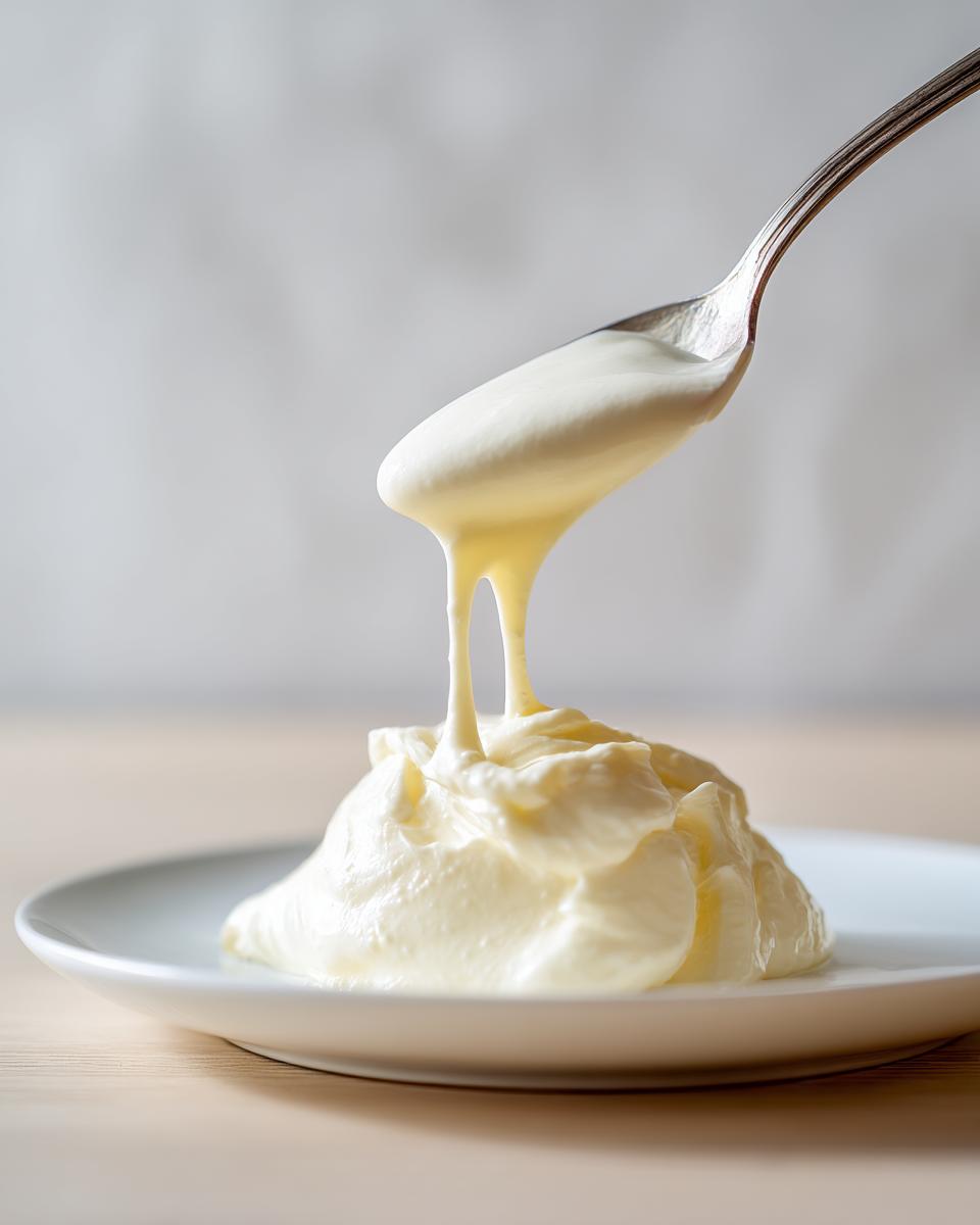 Nahaufnahme von cremiger Bechamelsauce, die von einem Löffel auf einen weißen Teller tropft.