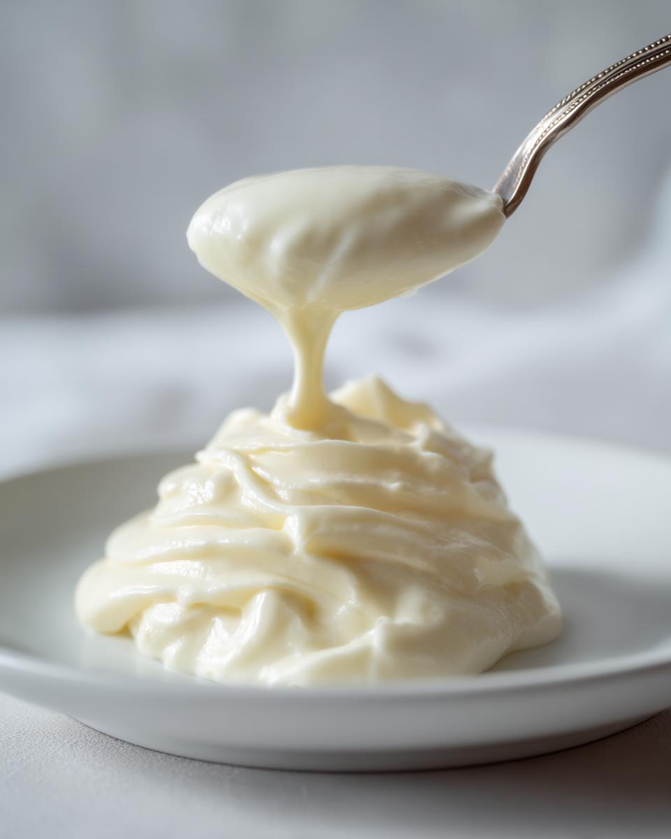 Nahaufnahme einer dicken, cremigen Bechamelsauce rezept, die von einem Löffel auf einen weißen Teller tropft.