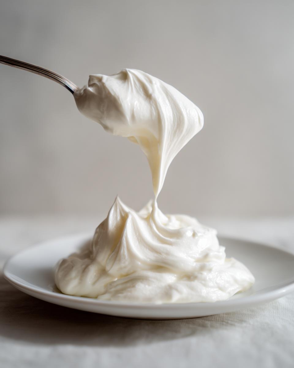 Ein Löffel voller cremiger, weißer Bechamelsauce rezept wird über einen Haufen der Sauce auf einem weißen Teller gehoben.