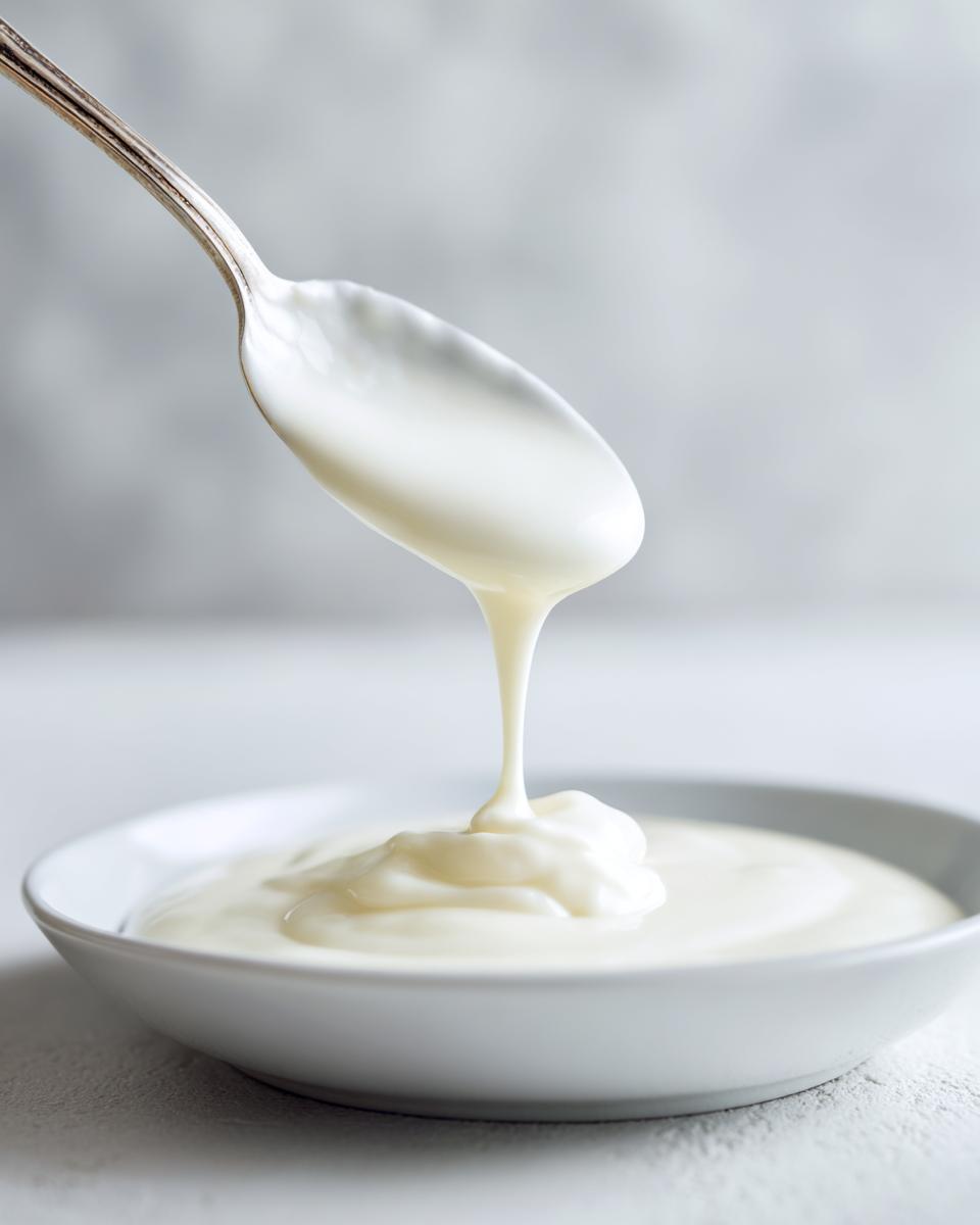 Eine silberne Löffel tropft dicke, weiße Bechamelsauce in eine Schüssel mit mehr Sauce.