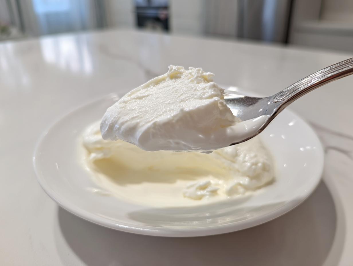 Löffel mit cremiger, weißer Bechamelsauce rezept, die aus einer kleinen weißen Schale gehoben wird.