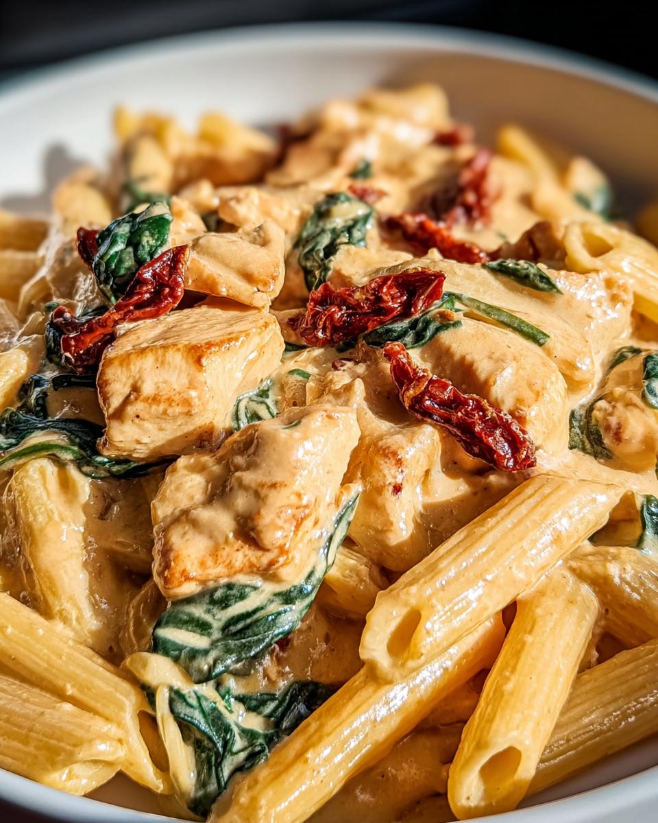 Nahaufnahme von Cremige toskanische Hähnchenpasta mit Penne, Hähnchenstücken, Spinat und getrockneten Tomaten in cremiger Soße.