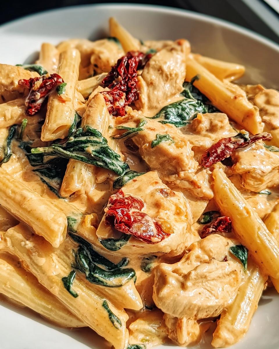 Nahaufnahme von Cremige toskanische Hähnchenpasta mit Penne, cremiger Sauce, Spinat und getrockneten Tomaten.