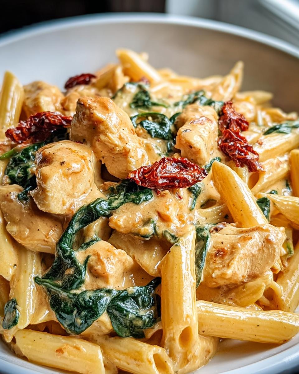 Nahaufnahme von cremiger toskanische Hähnchenpasta mit Penne, Hähnchenstücken, Spinat und getrockneten Tomaten.