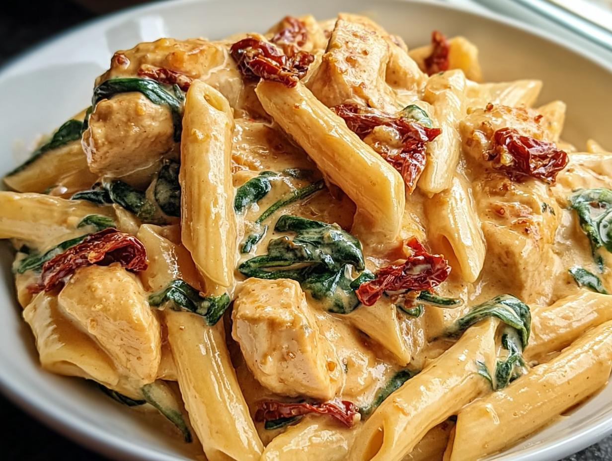 Nahaufnahme einer Schüssel mit Cremige toskanische Hähnchenpasta, Penne-Nudeln, Hähnchenstücken, Spinat und getrockneten Tomaten.