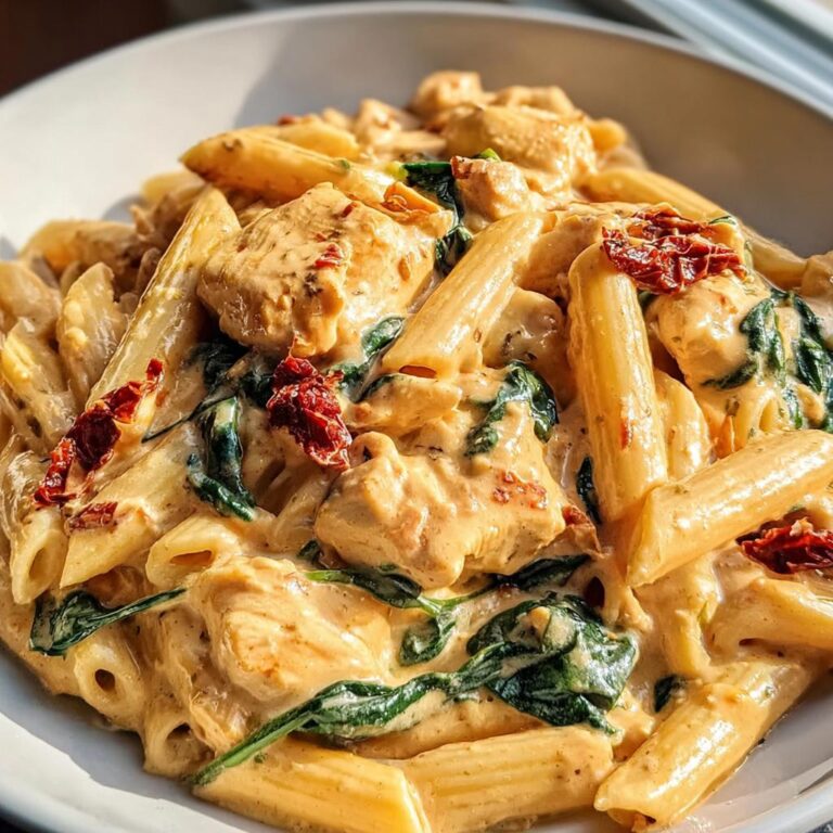 Nahaufnahme einer cremigen toskanische Hähnchenpasta mit Penne-Nudeln, Hähnchenstücken, Spinat und getrockneten Tomaten.