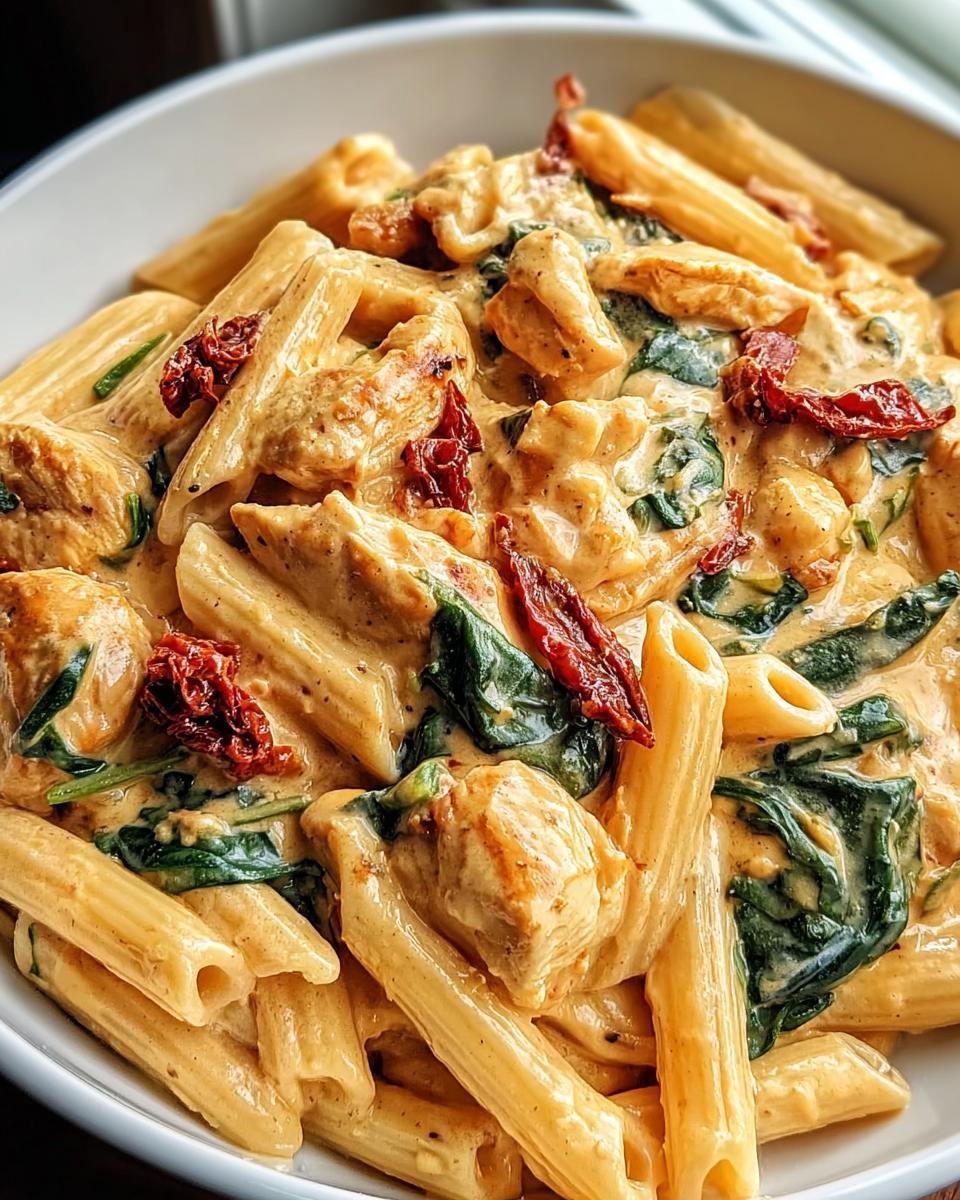 Nahaufnahme von Cremige toskanische Hähnchenpasta mit Penne, cremiger Soße, Hähnchenstücken, Spinat und getrockneten Tomaten.