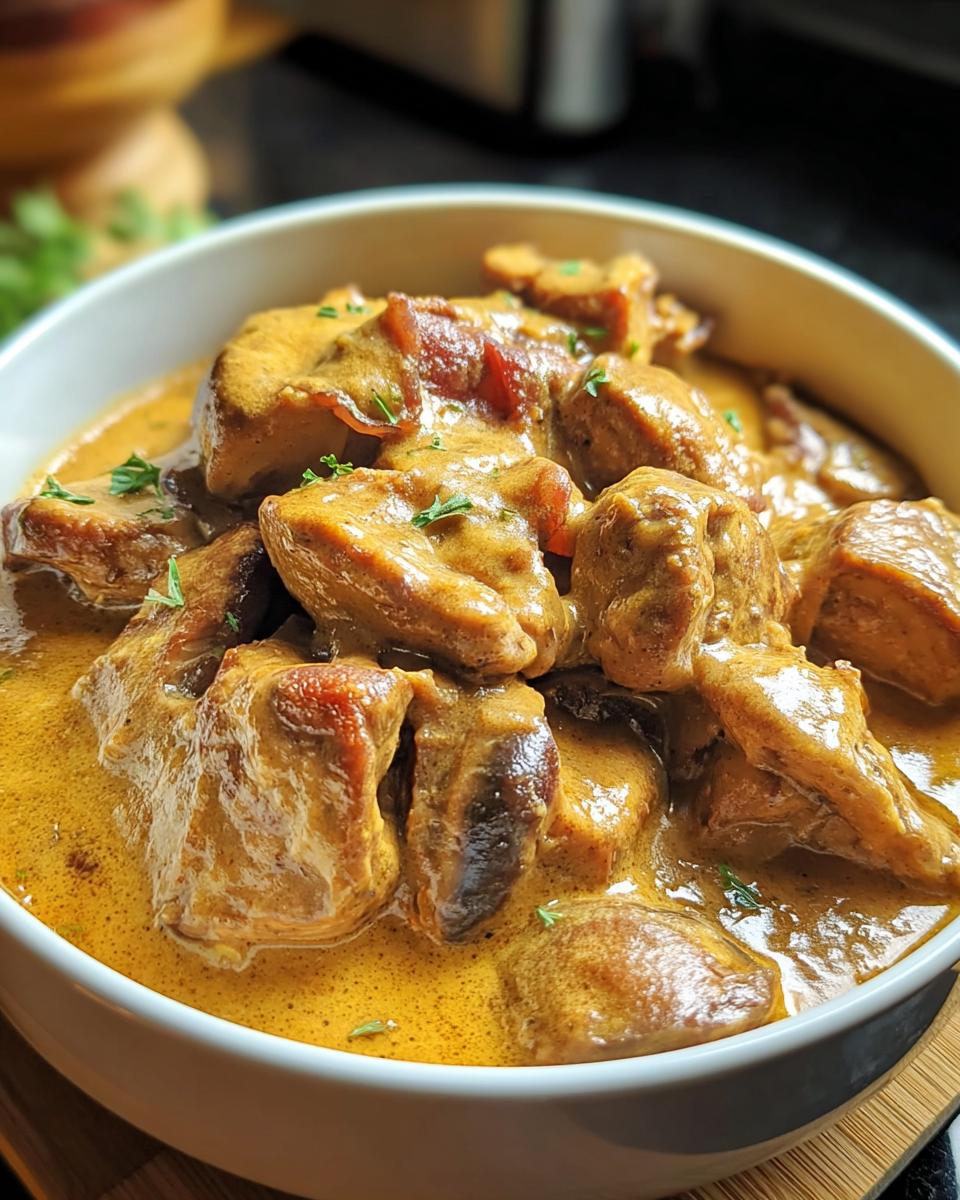 Nahaufnahme eines cremigen Filettopf mit Fleischstücken in einer reichhaltigen, gelb-orangen Sauce, garniert mit Petersilie.