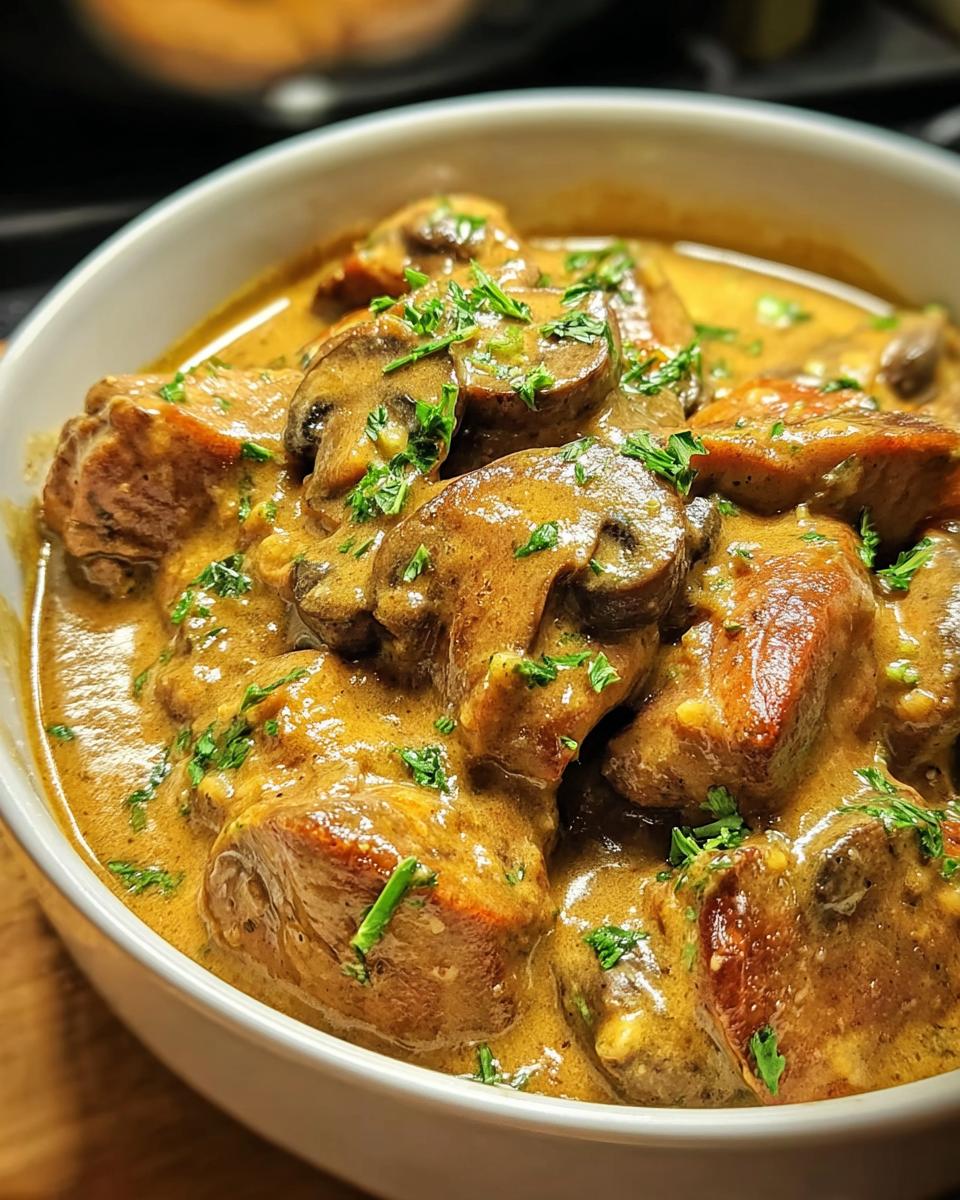 Nahaufnahme eines weißen Schälchens mit cremigem Filettopf, gefüllt mit Fleischstücken und Pilzen, garniert mit Petersilie.