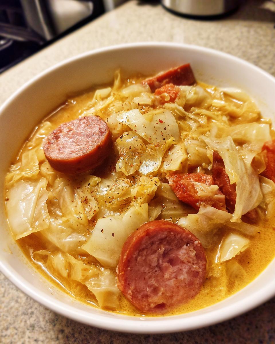 Nahaufnahme von Cremiger Kohl-Wurst-Eintopf mit viel Kohl und Wurstscheiben in einer cremigen Brühe.