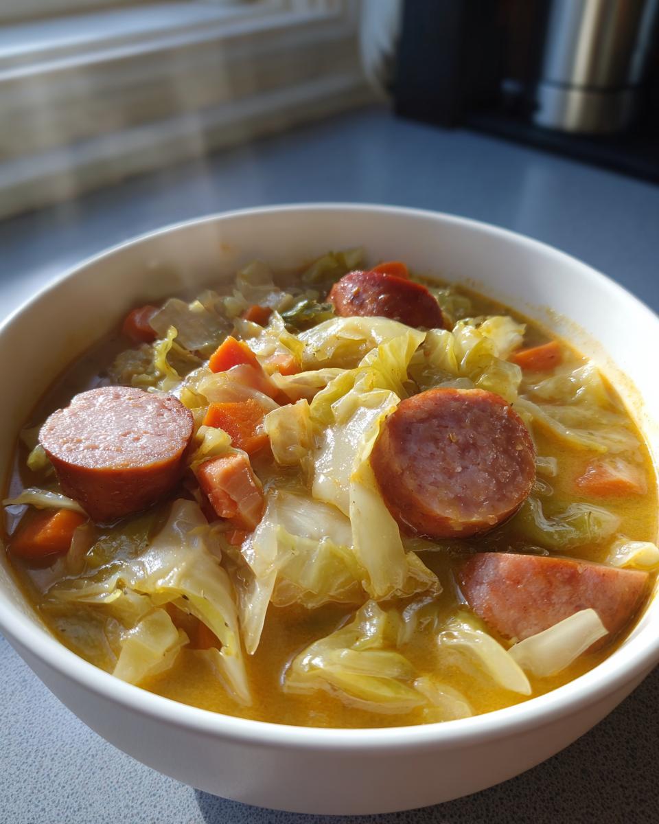 Nahaufnahme von dampfendem Cremiger Kohl-Wurst-Eintopf mit Kohlstücken und Wurstscheiben in einer weißen Schüssel.