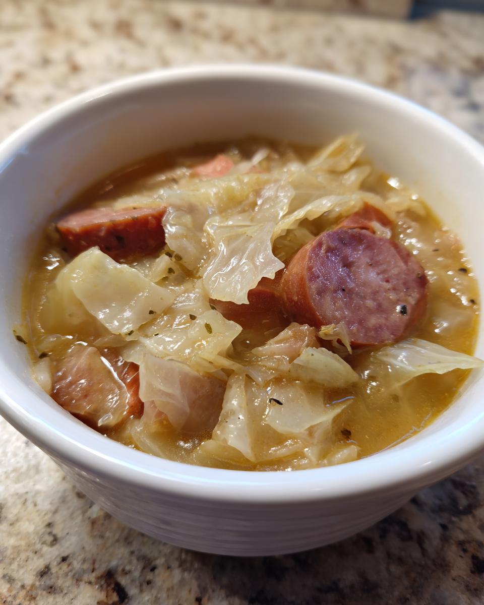 Nahaufnahme eines Cremiger Kohl-Wurst-Eintopf mit Wurstscheiben und weichem Kohl in einer weißen Schüssel.