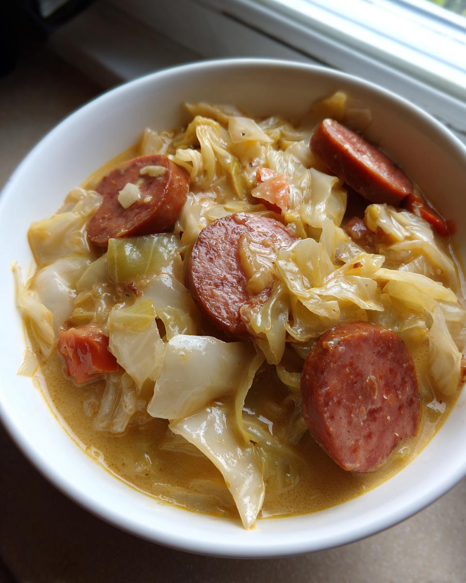 Nahaufnahme von Cremiger Kohl-Wurst-Eintopf mit viel Kohl und dicken Wurstscheiben in einer weißen Schüssel.