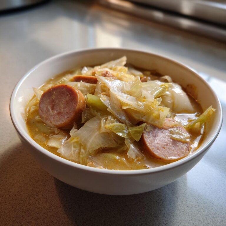 Nahaufnahme von Cremiger Kohl-Wurst-Eintopf mit dicken Wurstscheiben und cremigem Sud in einer weißen Schüssel.