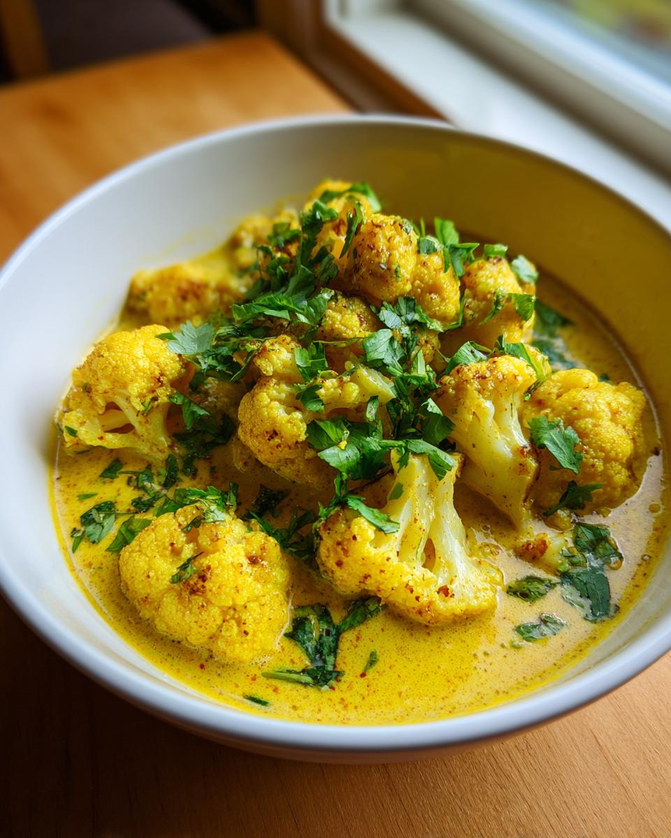 Nahaufnahme eines Cremiges Blumenkohl-Curry mit großen Röschen in einer cremigen, gelben Sauce, garniert mit frischer Petersilie.