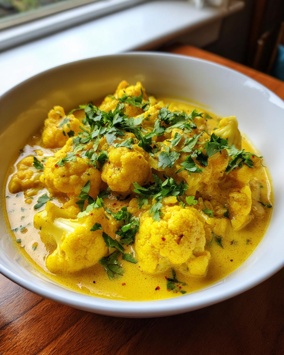 Nahaufnahme eines Cremiges Blumenkohl-Curry mit leuchtend gelber Sauce und frischer Petersilie garniert.