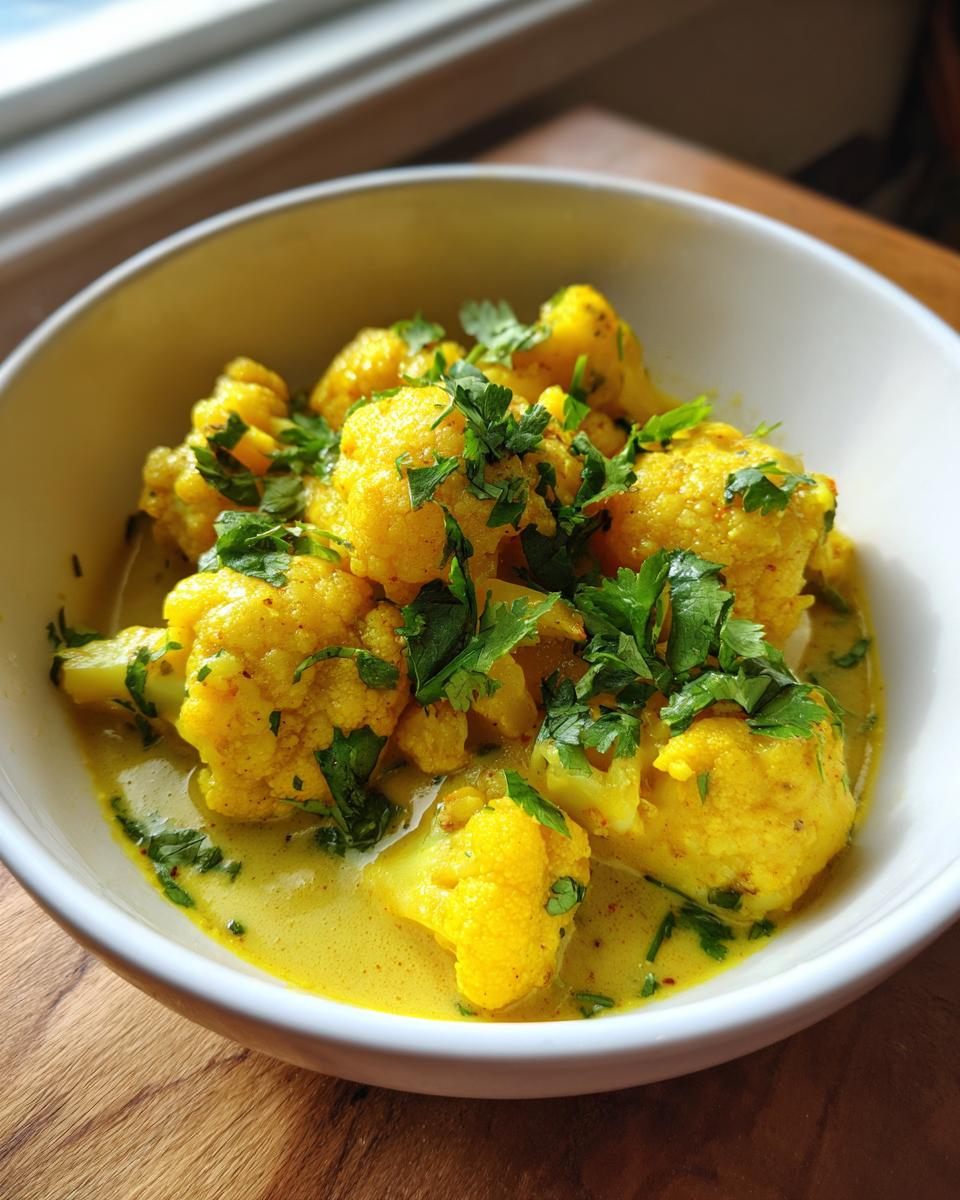 Nahaufnahme von Cremiges Blumenkohl-Curry mit gelber Sauce und frischer Petersilie in einer weißen Schüssel.
