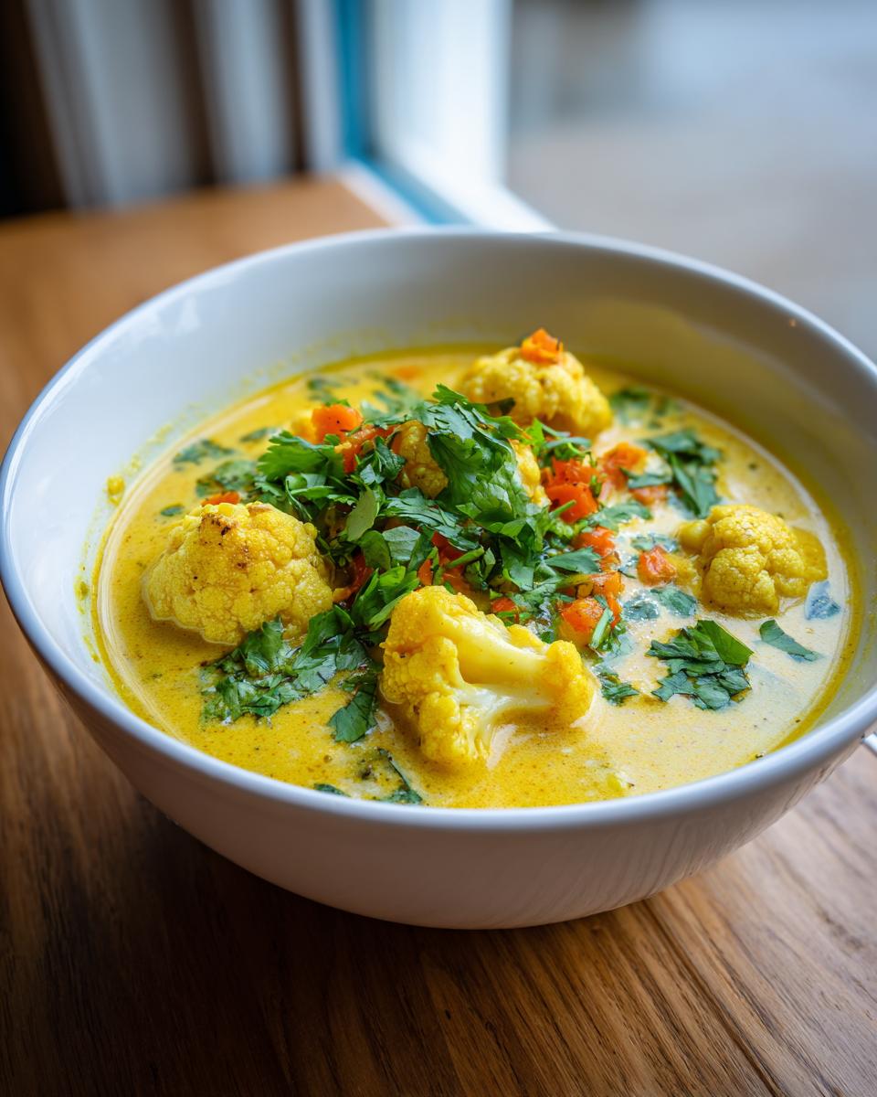 Nahaufnahme eines Cremiges Blumenkohl-Curry mit gelben Blumenkohlröschen und frischem Koriander in einer weißen Schüssel.