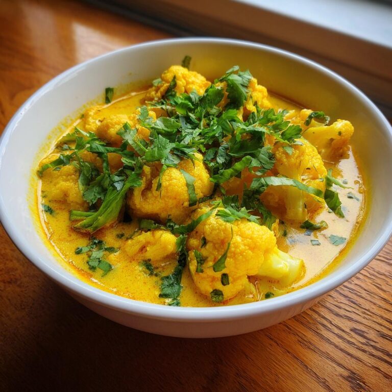 Nahaufnahme von Cremiges Blumenkohl-Curry mit großen Röschen in einer gelben Kokosmilchsoße, garniert mit frischer Petersilie.