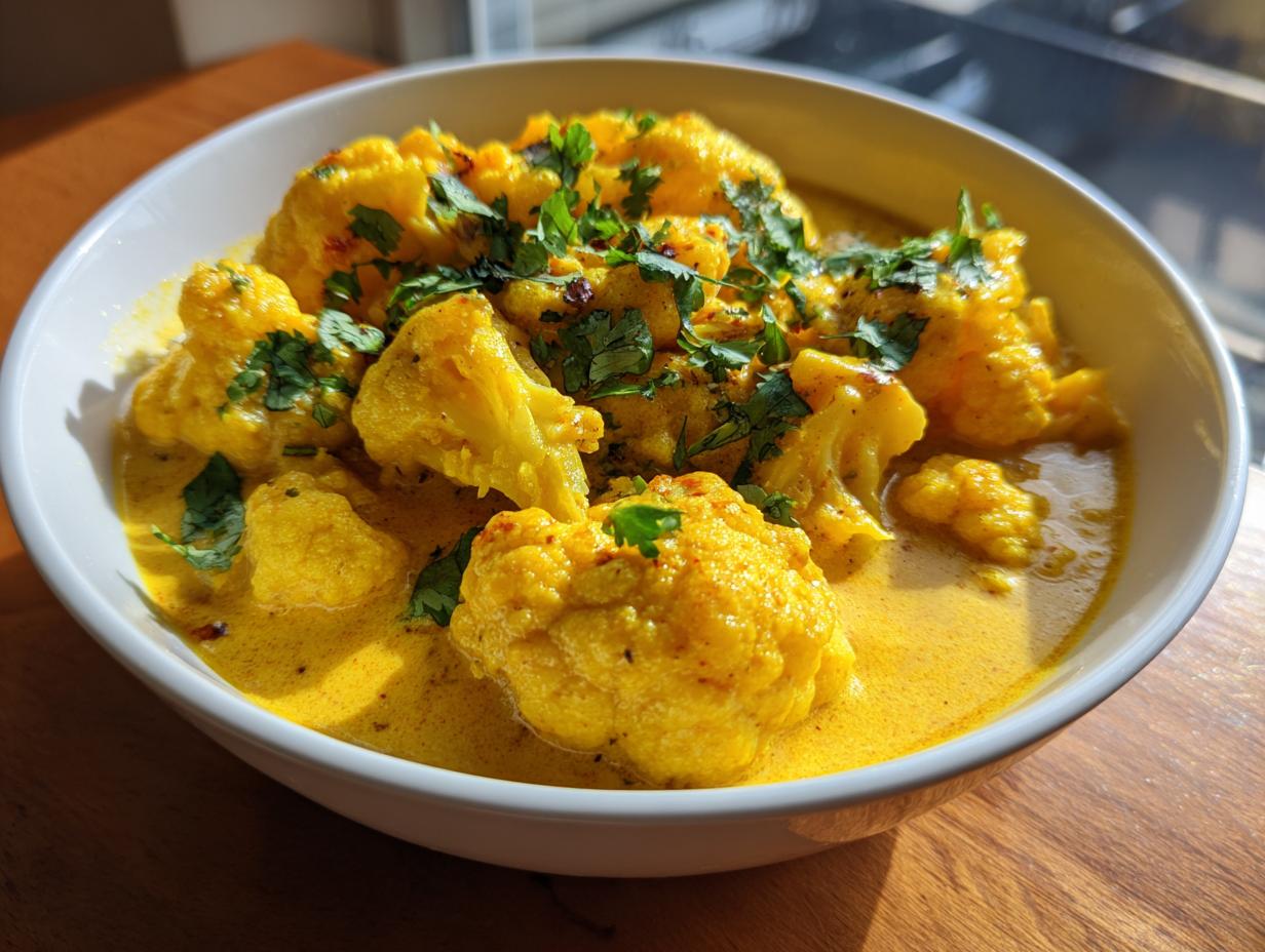 Nahaufnahme eines Cremiges Blumenkohl-Curry mit leuchtend gelber Sauce und frischer Petersilie.