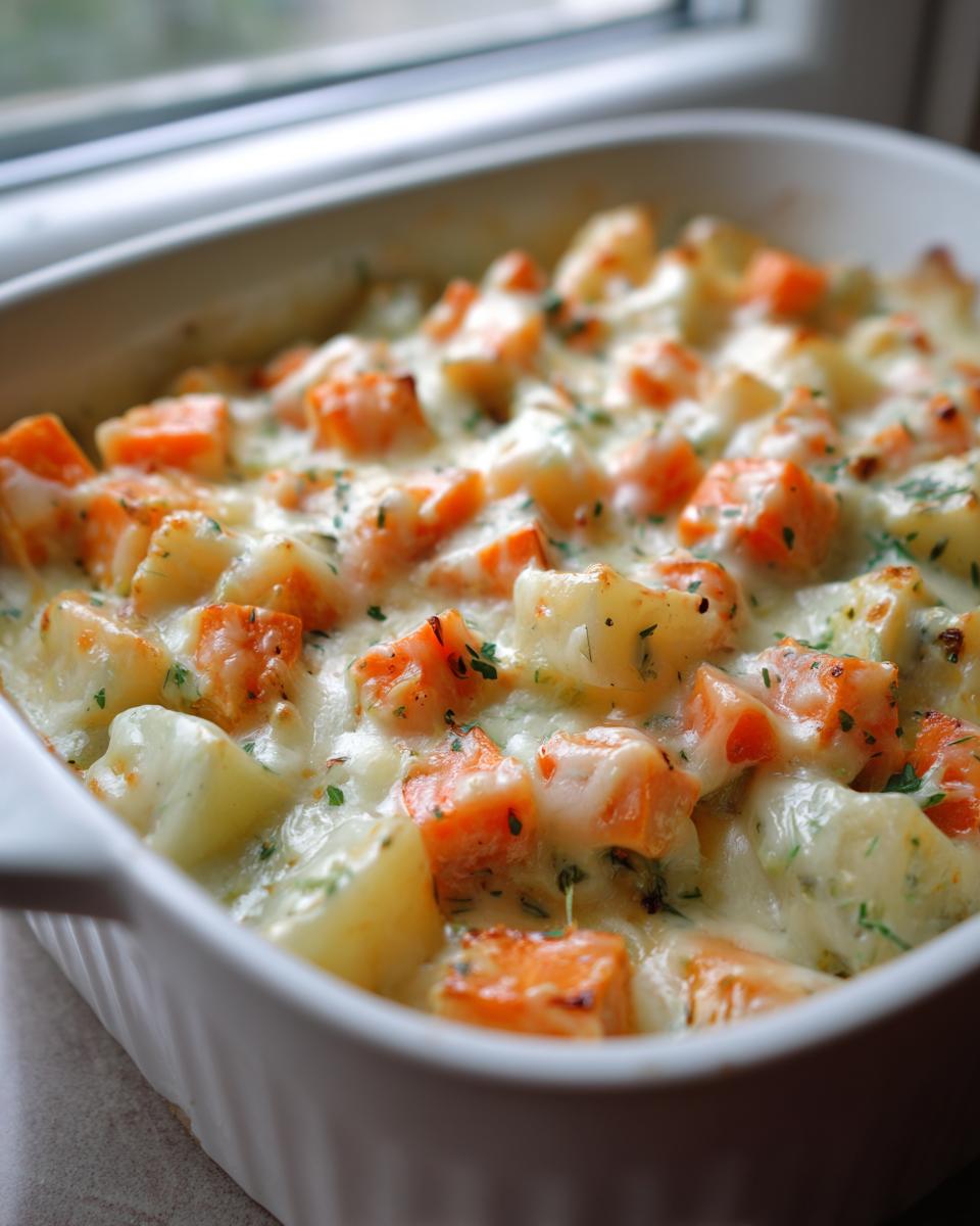 Nahaufnahme von Cremiges Kohlrabi-Möhren-Ofengemüse mit geschmolzenem Käse und Kräutern in einer weißen Auflaufform.