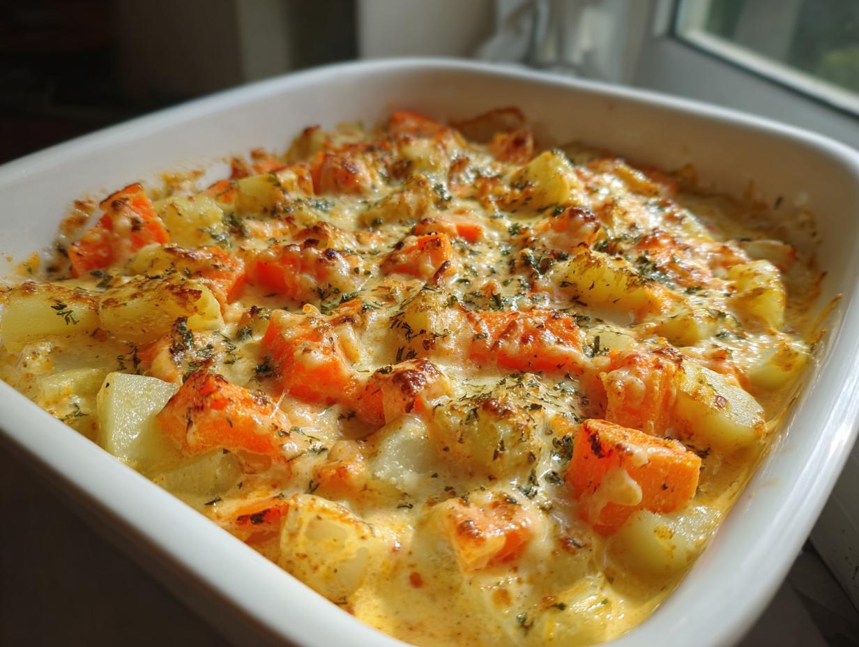 Überbackenes Cremiges Kohlrabi-Möhren-Ofengemüse mit Käse und Kräutern in einer weißen Auflaufform.